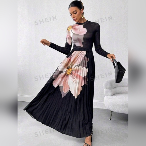 SHEIN Black Floral Set Maxi Skirt and matching blouse Size Small - Picture 11 of 11